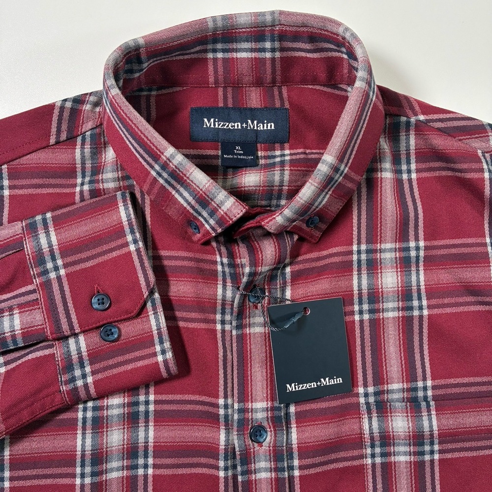NEW Mizzen + Main City Flannel Twill Shirt XL Trim Garnet Thomas Plaid‎ Stretch